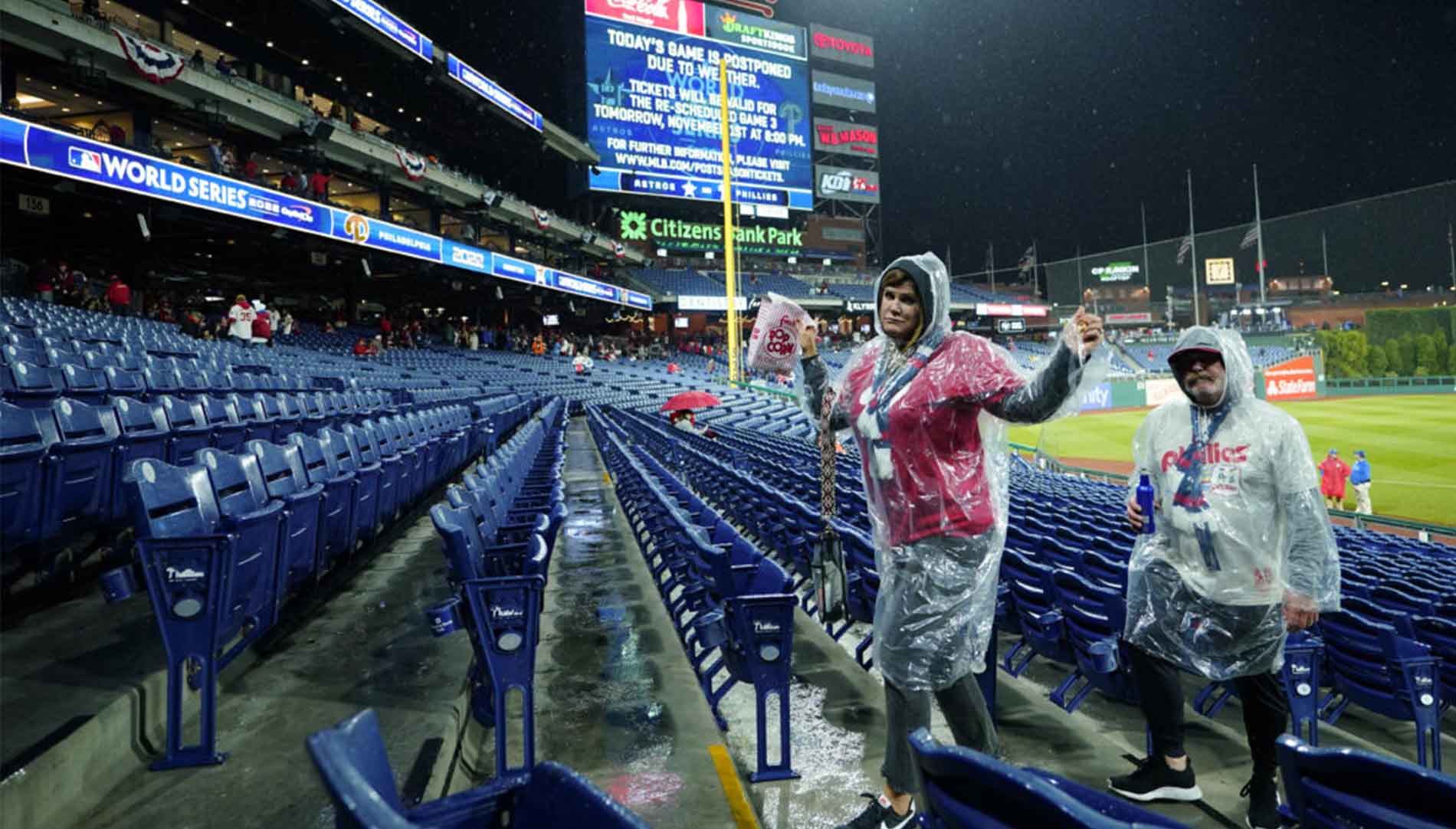 Fans leave Citizens Bank Park before Game 3 of the 2022 World Series between the Houston Astros and the Philadelphia Phillies